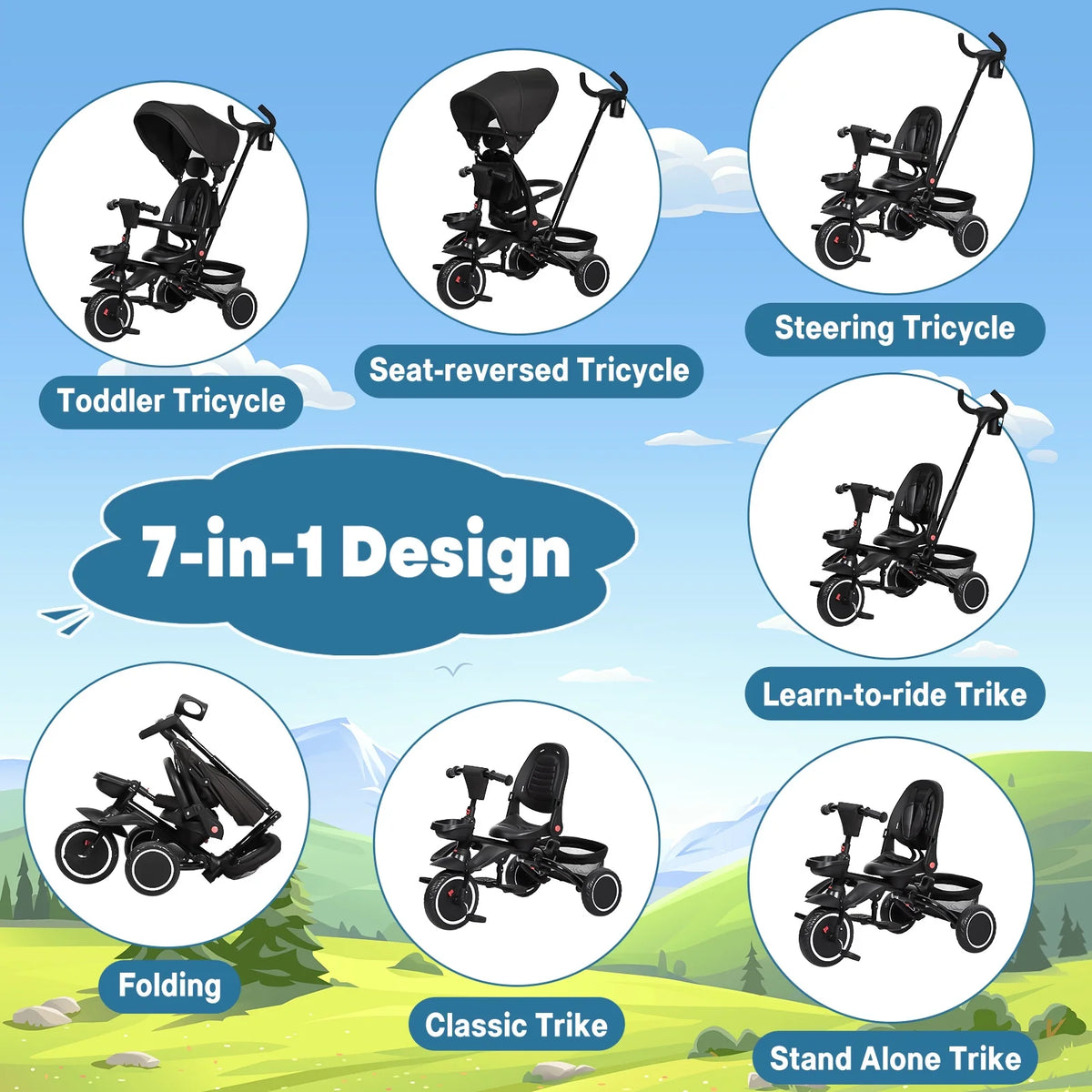 Folding Toddler Tricycle with Adjustable Canopy and Storage B26191