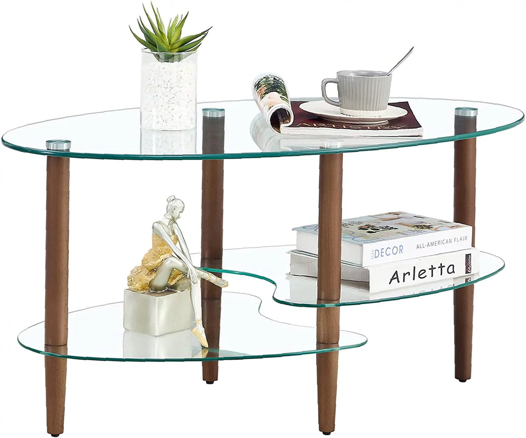 Oval Glass Coffee Table with Oak Wood Legs P931
