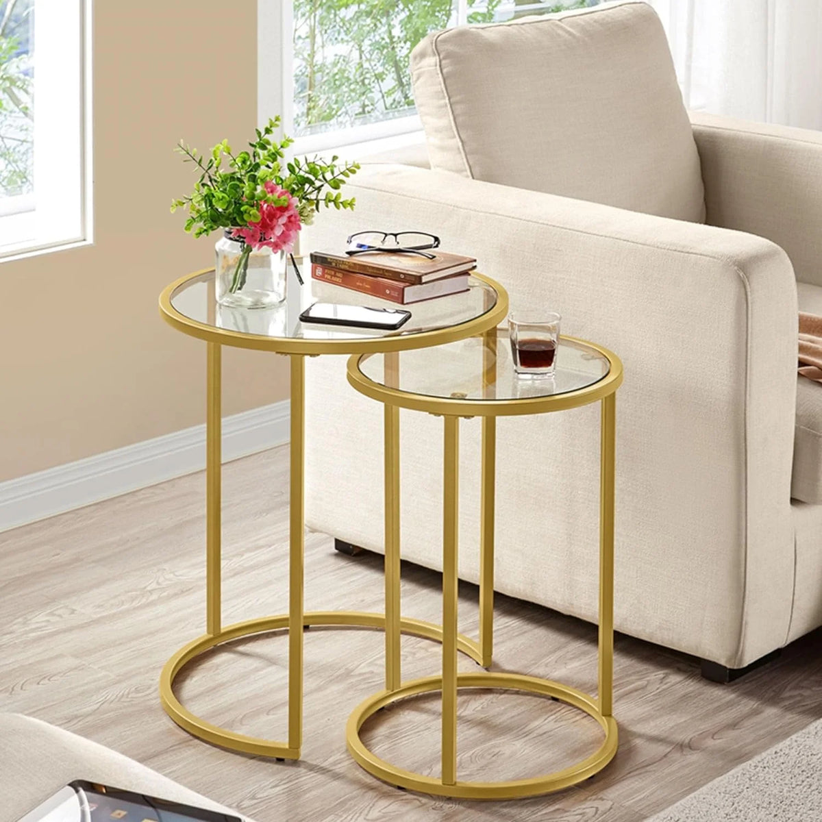 Set of 2 Round Nesting Side Table Metal Frame Tempered Glass V521