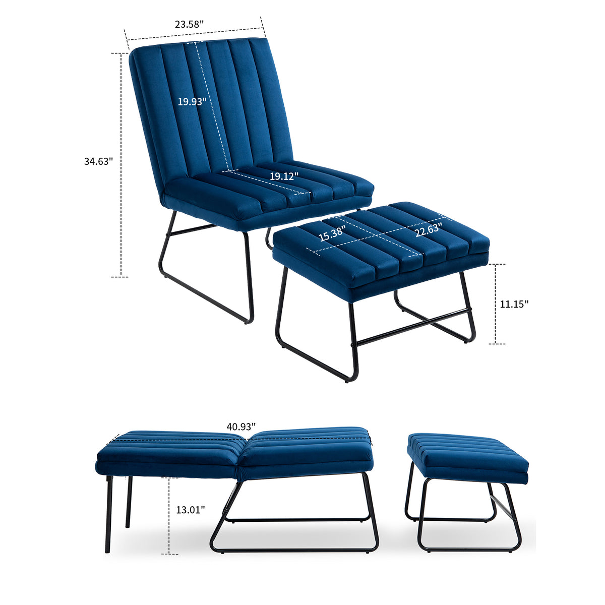 Dark Blue Velvet Lounge Chair Set with Adjustable Backrest and Ottoman U163546