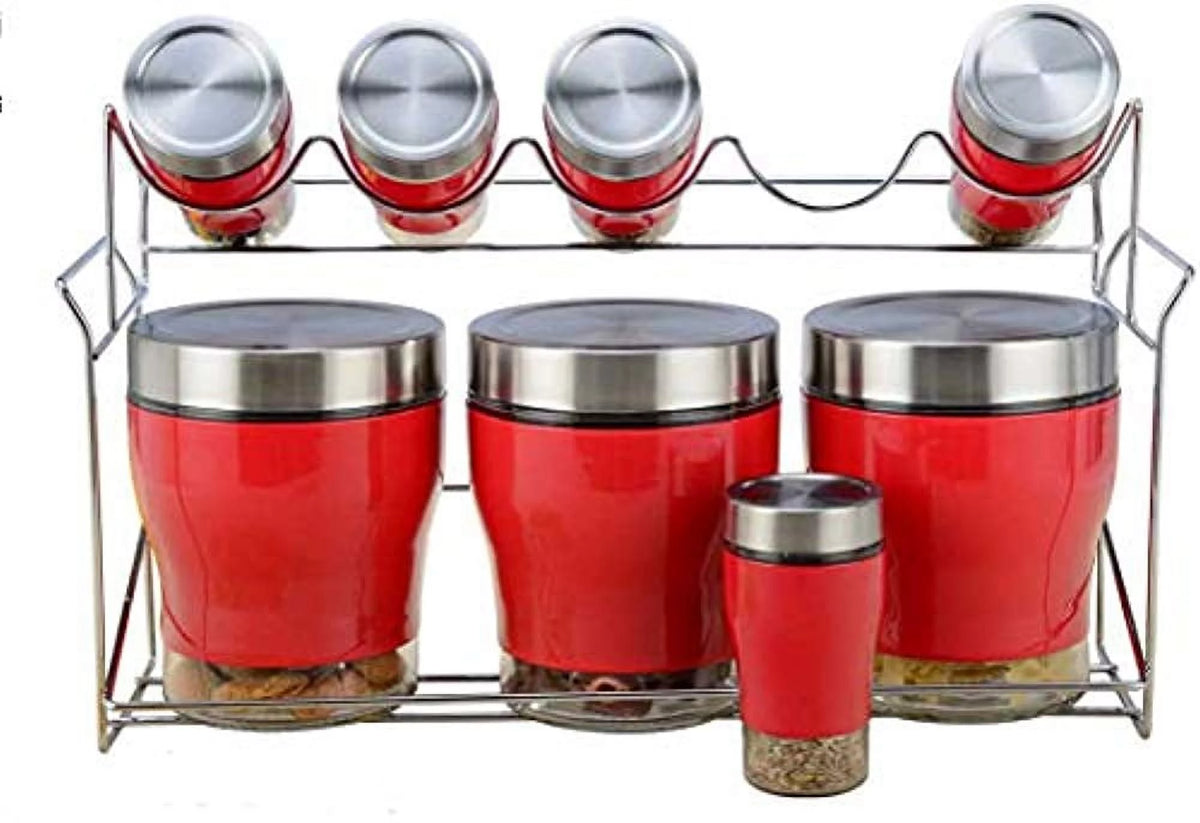Red 9 Piece Kitchen Storage and Spice Rack Jar Set S408