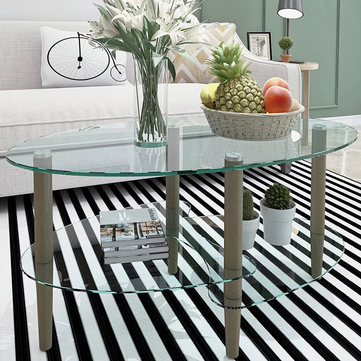 Oval Glass Coffee Table with Oak Wood Legs P931