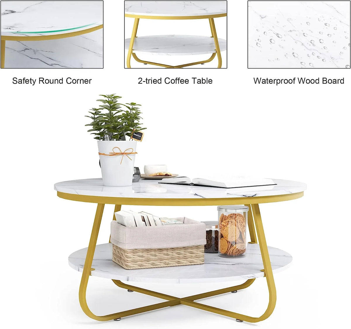 Round Storage Coffee Table 35.8 Inch Industrial Wood with Metal Frame B243323