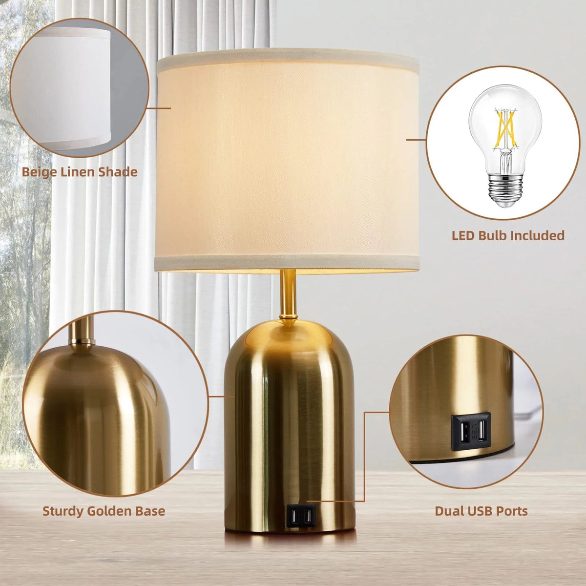 Touch Control Table Lamps Set of 2, 3 Way Dimmable with USB Charging Ports G888