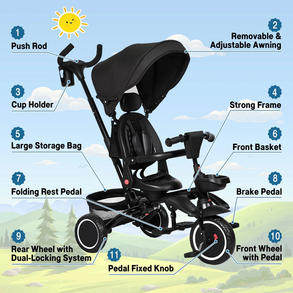 Folding Toddler Tricycle with Adjustable Canopy and Storage B26191