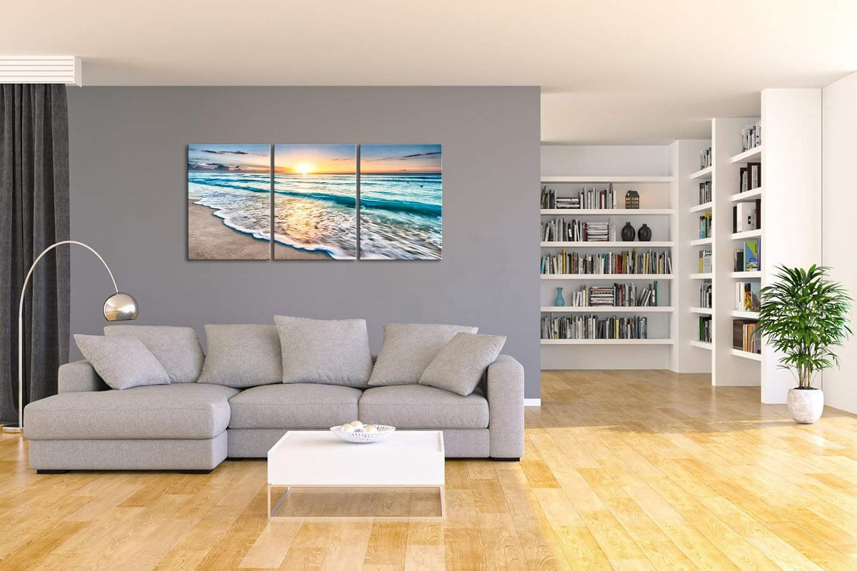 3 Panels Blue Beach Sunrise White Wave Canvas Wall Art U8098