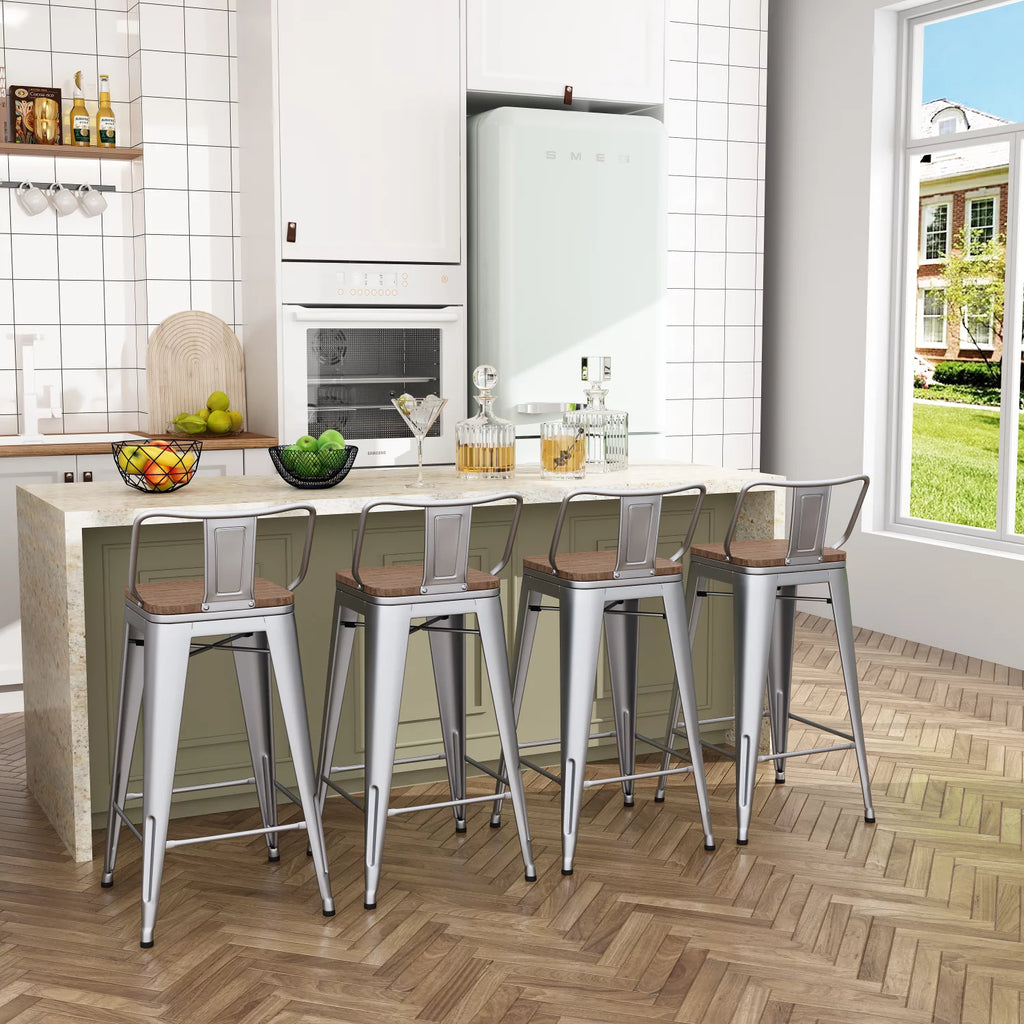 Metal Bar Stools Set of 4 24" Silver Wood Top Low Back X7795