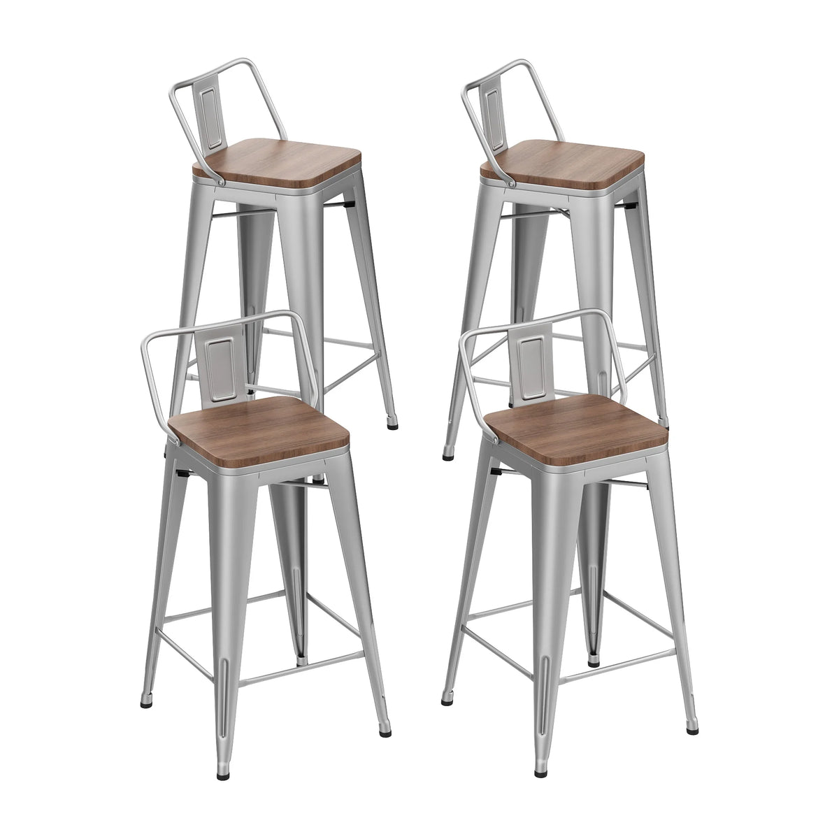 Metal Bar Stools Set of 4 24" Silver Wood Top Low Back X7795