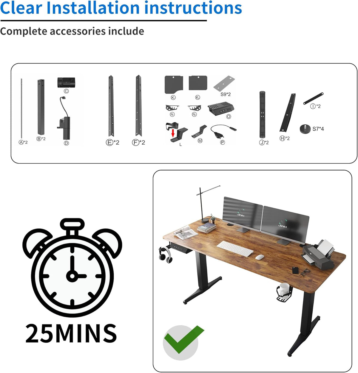 55 inch Adjustable Height Electric Standing Desk with Cup Holder, Headphone Hook, Cable Manager, Mouse pad, Walnut Wood Y3834
