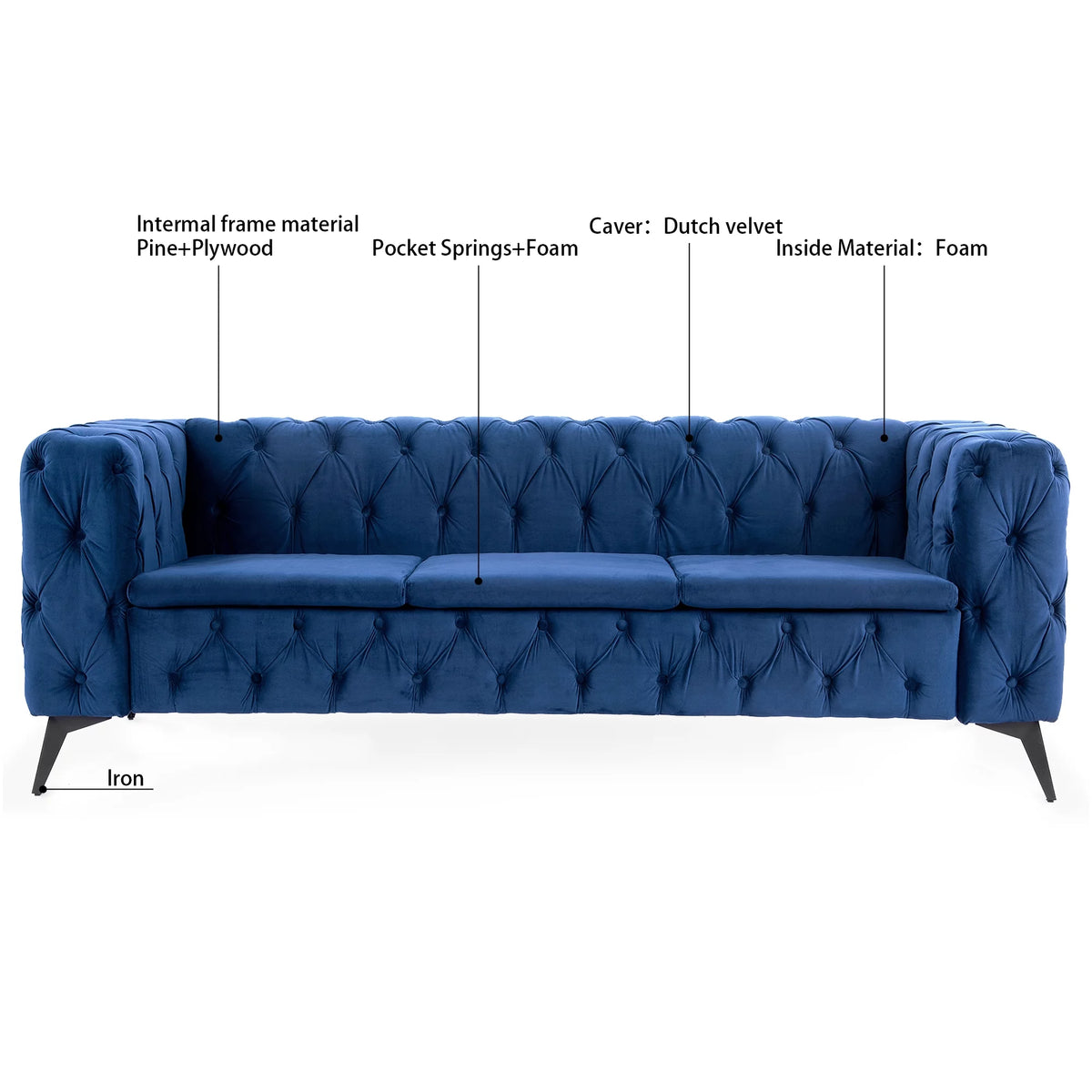 3 Seater Velvet Tufted Sofa with Removable Cushions M927