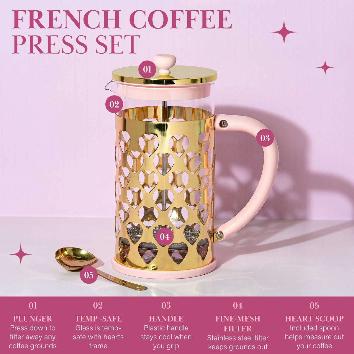 Pink French Press Coffee Maker 34 Ounce C303