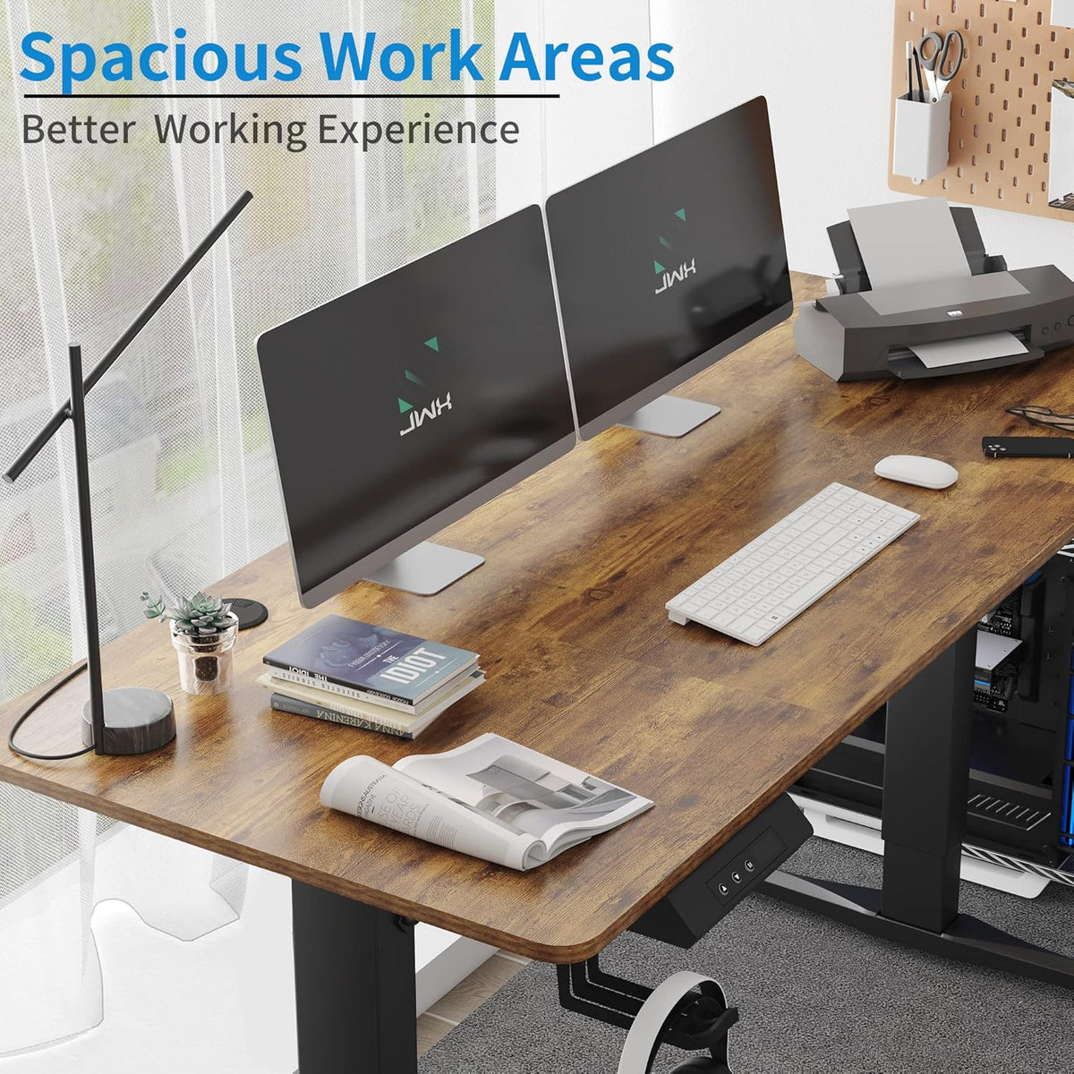 55 inch Adjustable Height Electric Standing Desk with Cup Holder, Headphone Hook, Cable Manager, Mouse pad, Walnut Wood Y3834