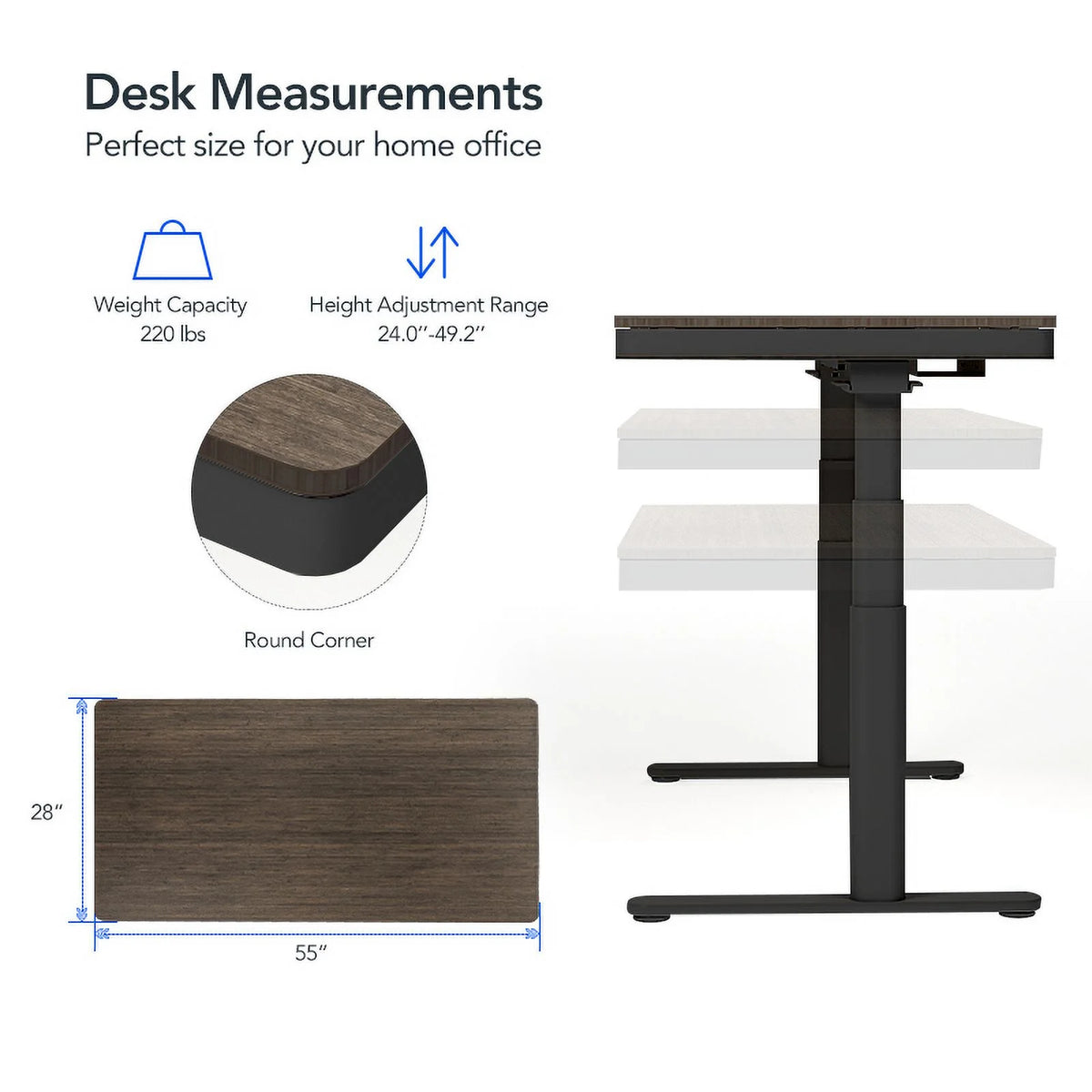 Dark Bamboo 55"x28" Standing Desk with Drawers K133106