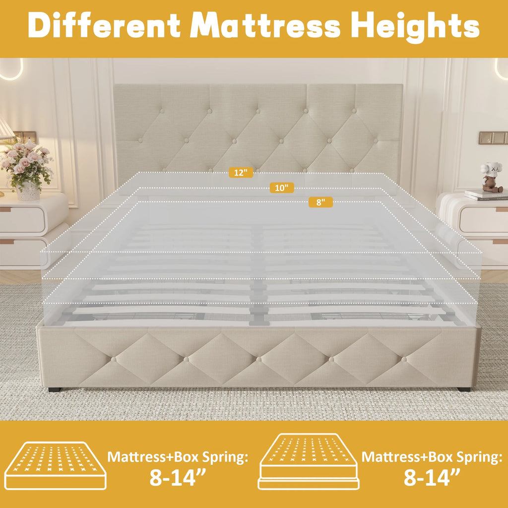 Queen Size Upholstered Storage Bed Frame with 4 Drawers O33101