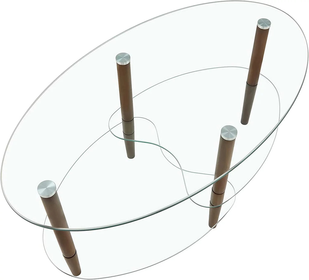 Oval Glass Coffee Table with Oak Wood Legs P931