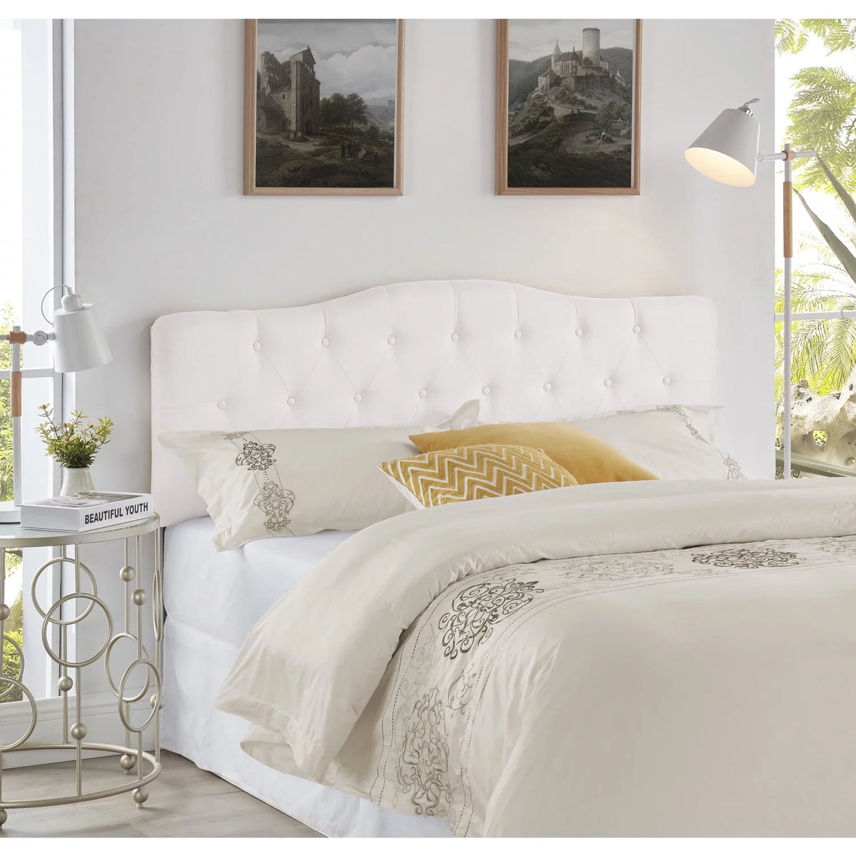 White Linen Upholstered Button Tufted Queen Headboard N32214