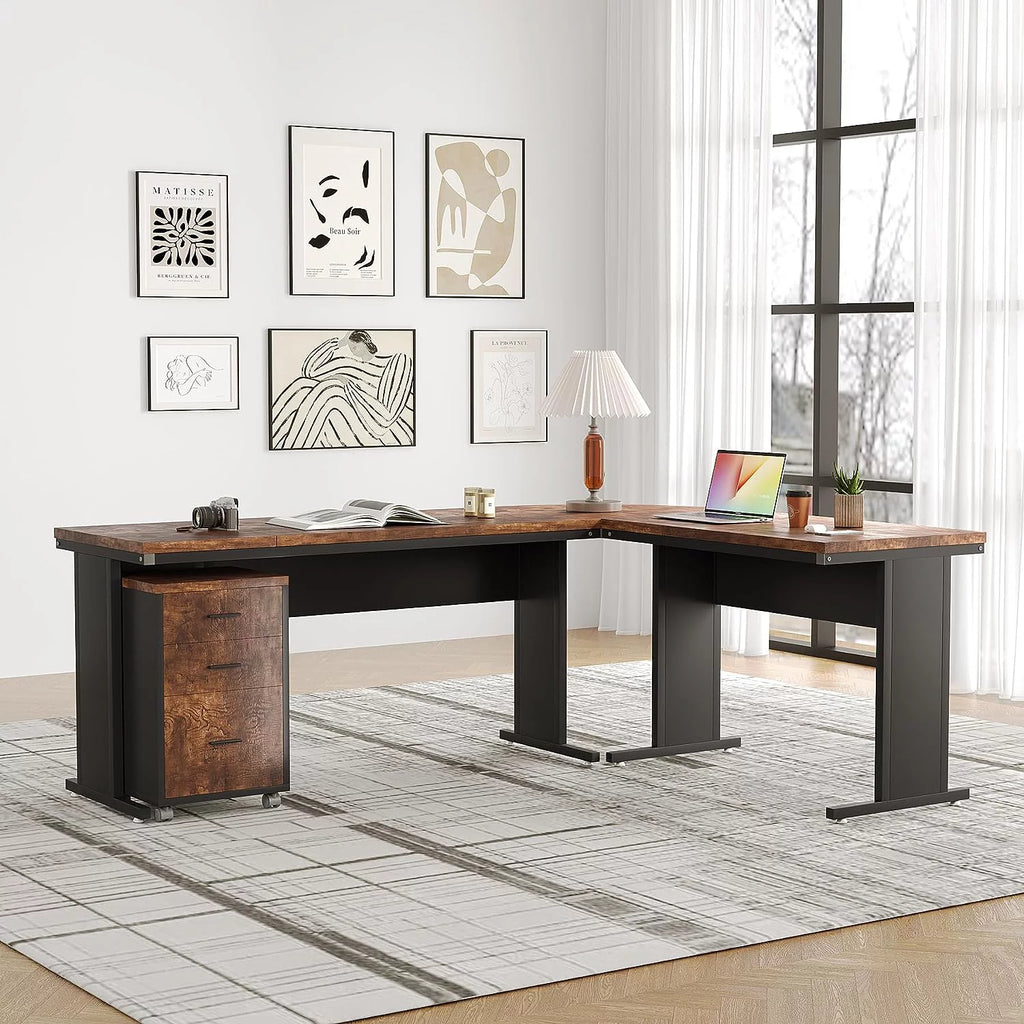 83" L-Shaped Executive Desk with 3-Drawer File Cabinet O8244