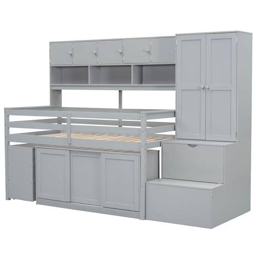 Gray Full Size Wood Loft Bed with Desk and Storage E71282