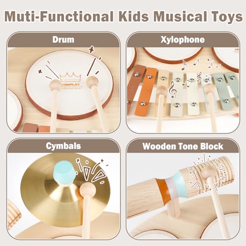 9 in 1 Wooden Musical Instruments Drum Set with Xylophone A349465