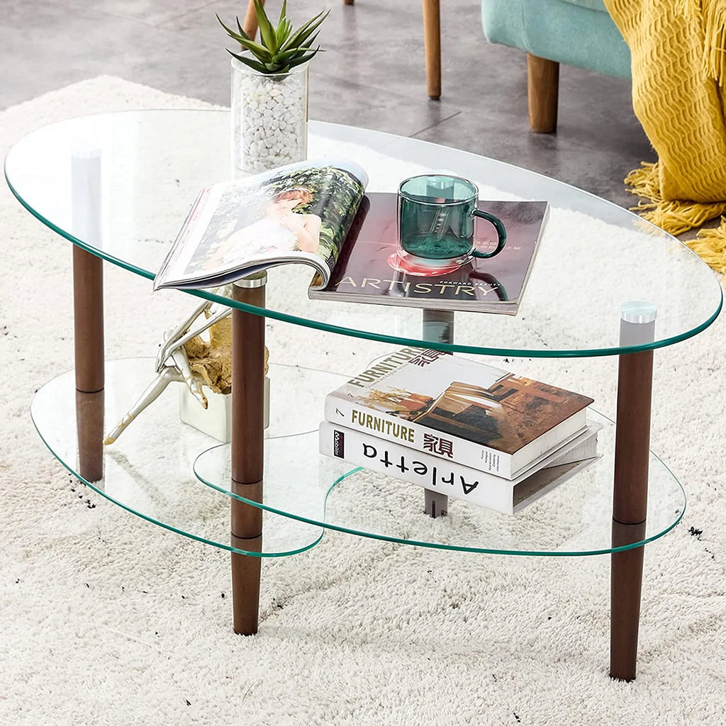 Oval Glass Coffee Table with Oak Wood Legs P931