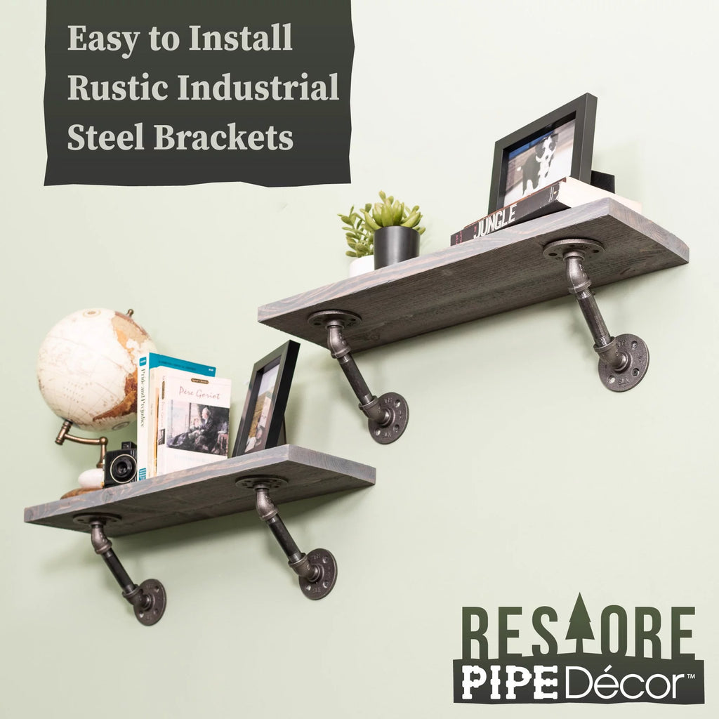 Grey Wood Wall Shelving with Steel Pipe Brackets V564103